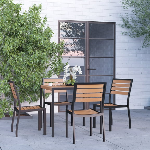 Merrick Lane Five Piece Faux Teak Patio Dining Set for Indoor and Outdoor Use- 35" Square Table and 4 Armless Stacking Club Chairs