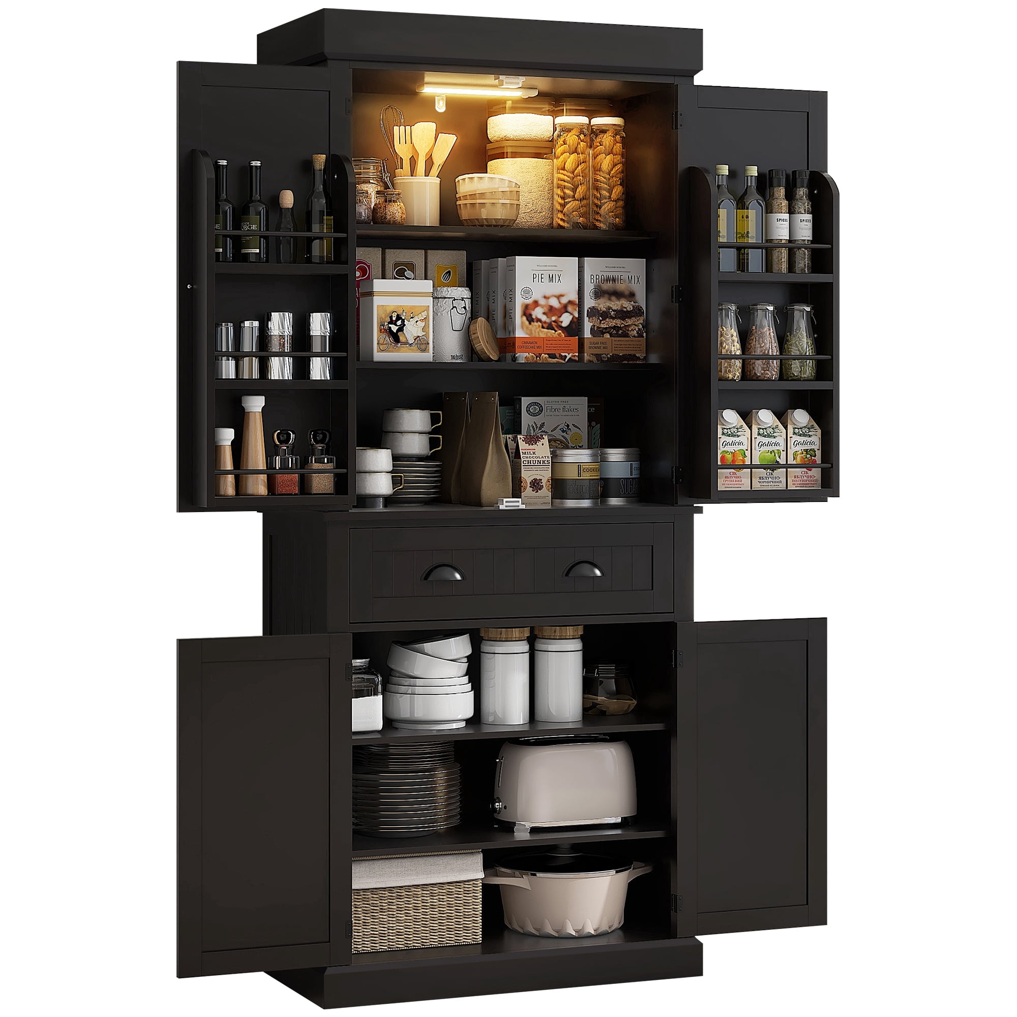 HOMCOM 71" LED Kitchen Pantry Cabinet, Tall Storage Cabinet with 6 Door Shelves, a Drawer and 4 Adjustable Shelves, Black