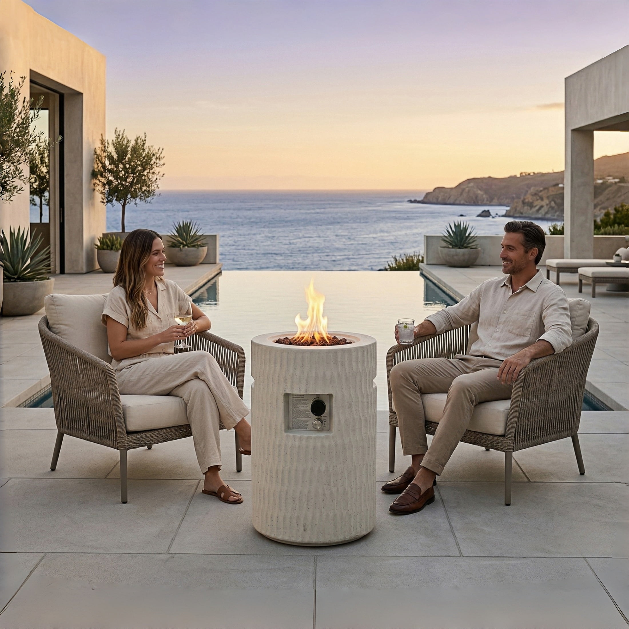 Atumcto 40,000 BTU Propane Fire Pit Column, 16.5" Round Concrete Outdoor Fire Pit with Lava Rocks and Cover for Patio, Backyard, Beige