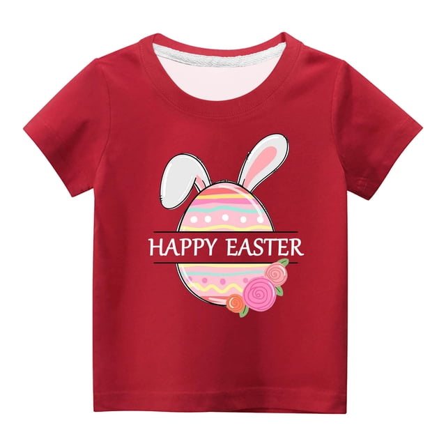 Penkiiy T-Shirts de Pâques pour Enfants Garçons Filles Mode Oreilles de Lapin de Pâques Œufs de Pâques Imprimé Col Rond Manches Courtes 11 Ans Rouge