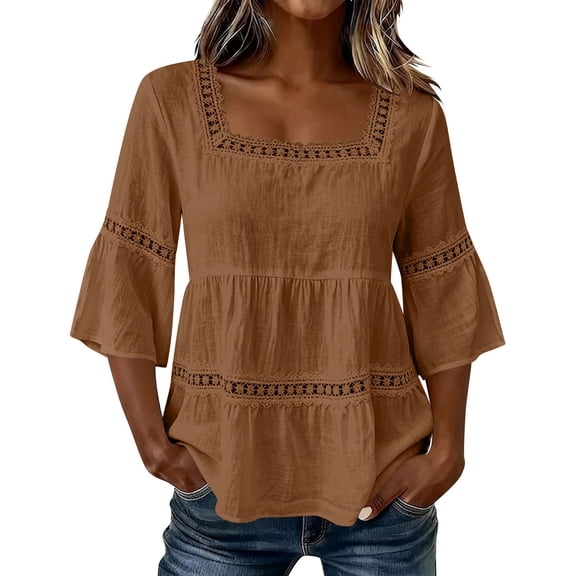 Edvintorg Blouses for Women Casual Square Neck 3/4 Sleeve Loose Cotton and Linen Pullover Tops Women Shirts Brown L