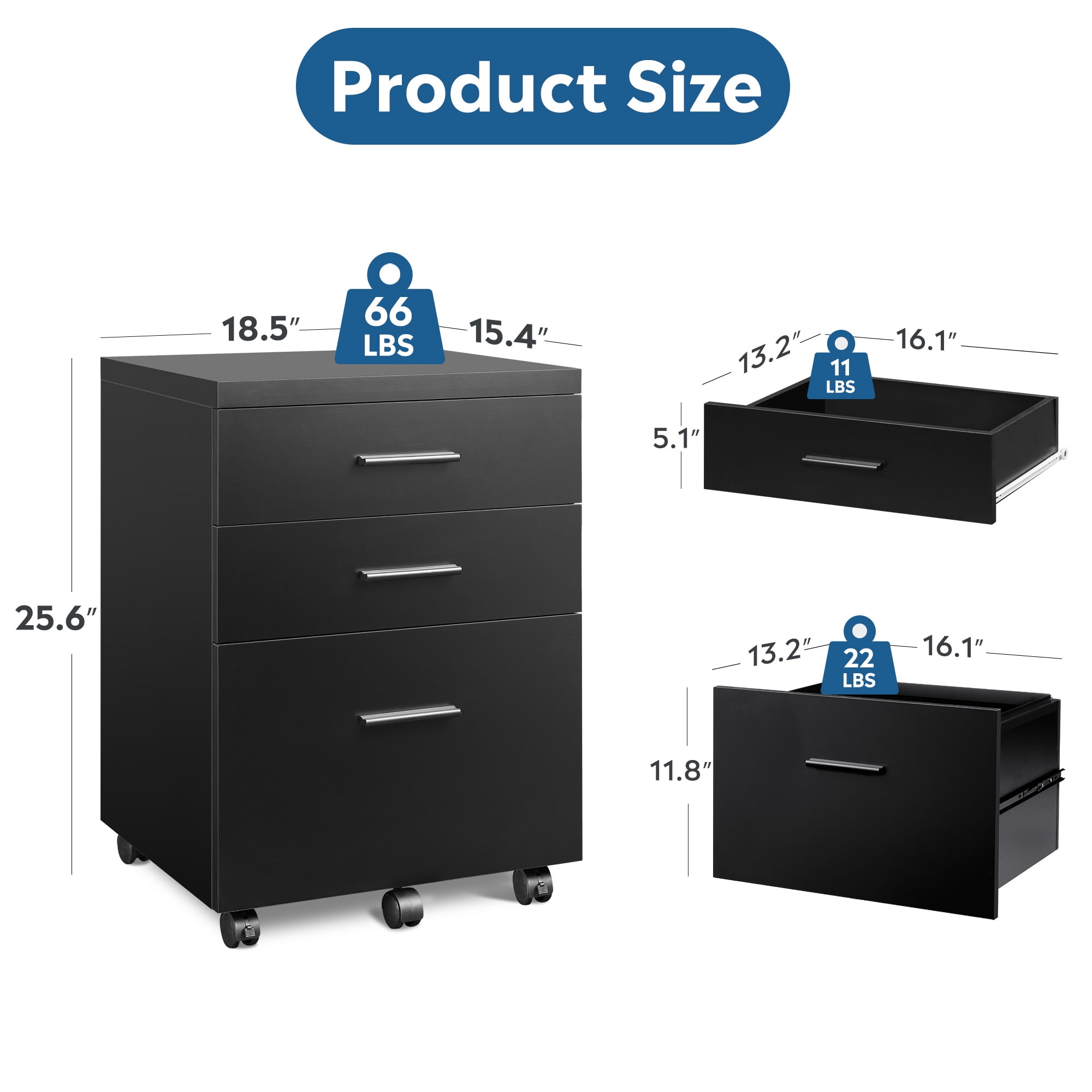 GALAXHERO Wood Rolling File Cabinet with 3 Drawers(Widen), Portable Vertical Mobile Wooden Storage Filing Cabinet, for Home Office, Black