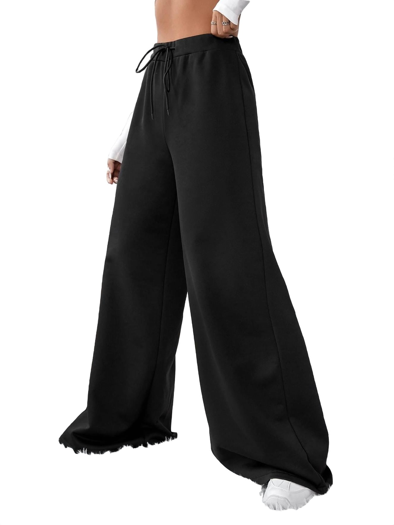 Womens Casual Pants Drawstring Waist Wide Leg Sweatpants Black L