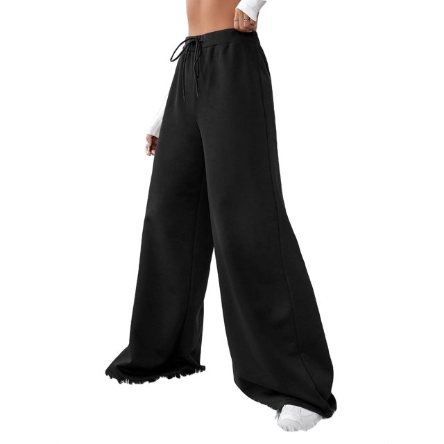 Womens Casual Pants Drawstring Waist Wide Leg Sweatpants Black L