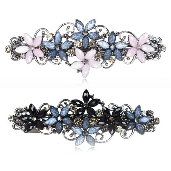2 Pack Vintage Flower Design Rhinestone Hair Barrette Clip Luxury Flower Hair Barettes for Women Girls (Pink-Blue & Black-Blue)