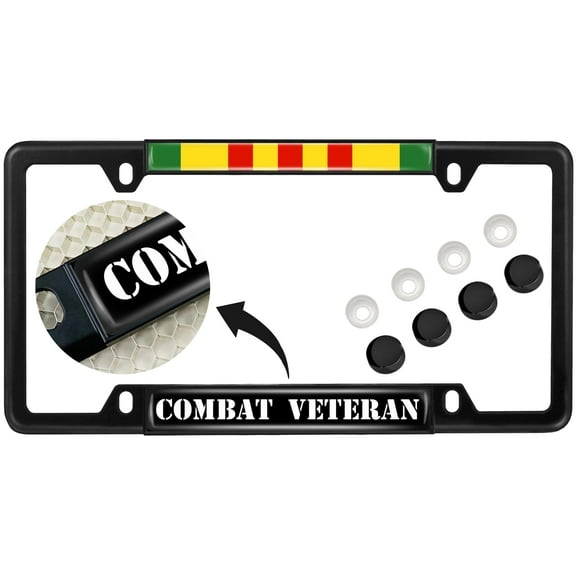 Vietnam Combat Veteran - Domed Custom-Made Personalized Narrow (Thin) Top 4 Hole Metal Car License Plate Frame with Free caps - Black Frame (Qty: 1)