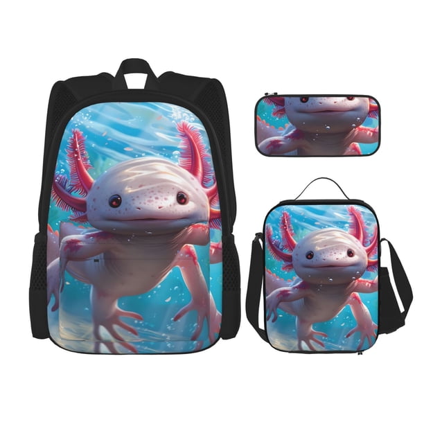 Easygdp Cute Underwater Axolotl Mochila para Niños y Niñas con Set de Caja de Almuerzo y Estuche para Lápices 3 en 1, Mochila Escolar Estampada para Adolescentes