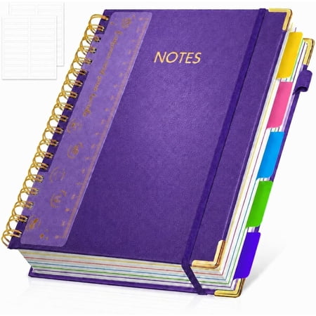 Hardcover Spiral Notebook Journal, 8"x10" Large B5 Notebooks with Removable Dividers Tabs, 300 Pages Leather 5 Subject Notebook College Ruled, Lined Journal for Women Work School Not Purple