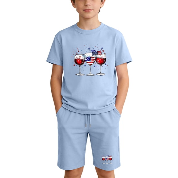 Kids 4th of July Outfit Light Blue 2 Piece Set Unisex 100% Cotton T-Shirt and Shorts Summer Clothes for Boys Girls 3-12 Years,Size 4 T