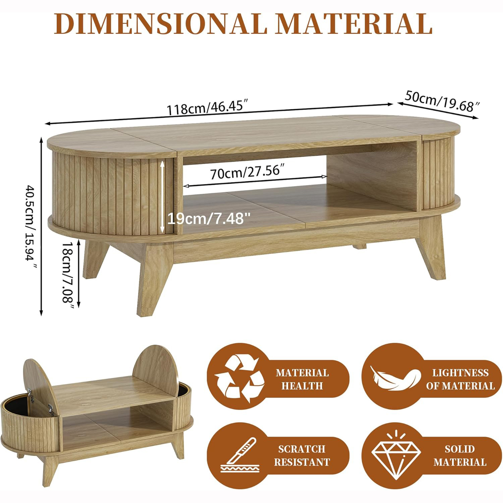 Coffee Table with 2 Hidden Compartment, Wooden Coffee Table with Open Shelf, Center Table for Living Room, Wood Color