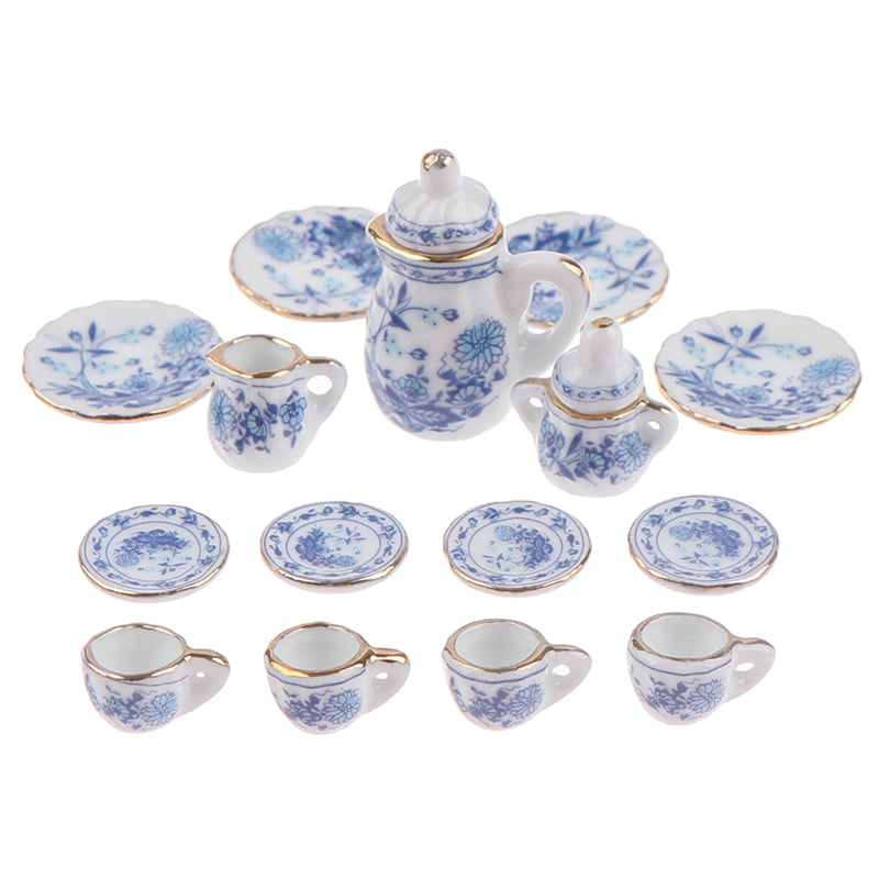 Miniatures Porcelain Blue Flower Ceramic Tea Set 15Pcs \ Set 1:12 Scale Doll House Mini Accessories for Kitchen Dining Ware Tea Service DIY