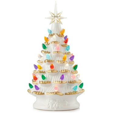 12" Hand Painted Ceramic Christmas Tree, White Pre-Lit Tree, 100 Multi-Color Lights, 2 Star Toppers
