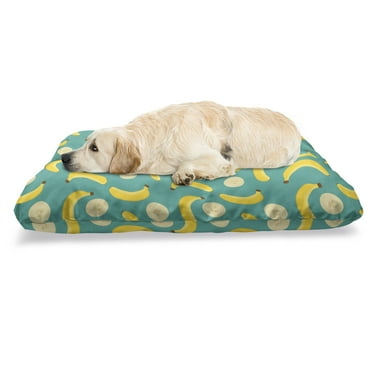 Banana Pet Bed, Pattern of Whole and Sliced Fruit Elements Scattered, Chew Resistant Pad for Dogs and Cats Cushion with Removable Cover, 24" x 39", Seafoam Mustard, by Ambesonne