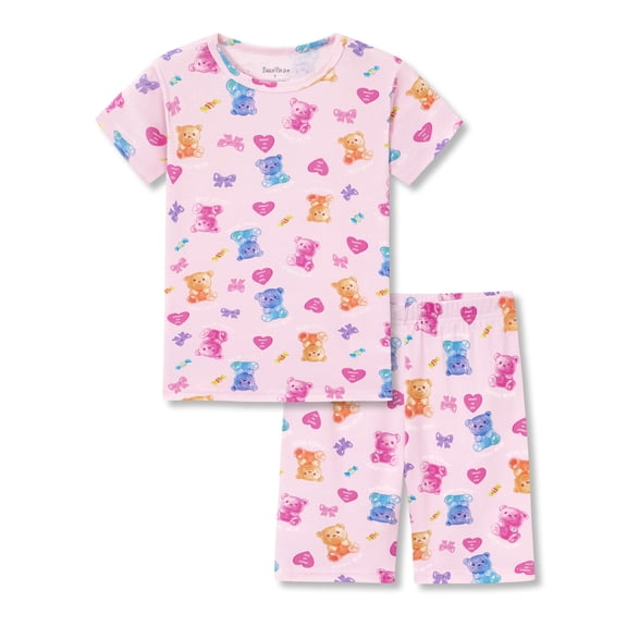 Beezizac Girls' Short Sleeve Pajama Set Cotton Slim Fit All-Over Bears & Hearts Print Soft Kids Sleepwear Size 8