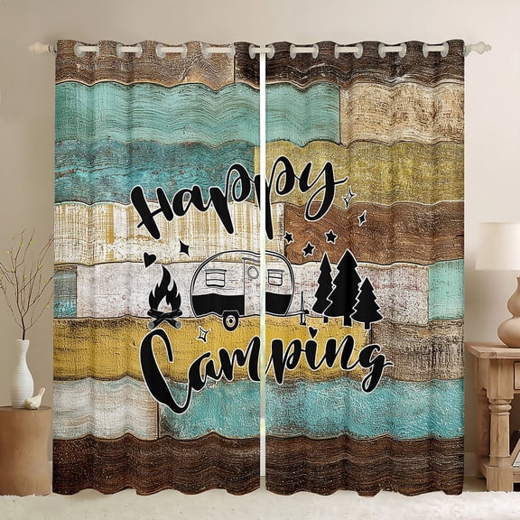 Homewish Happy Camping Black Out Curtains for Kids Children Teens,Adventure Car Curtains Pack of 2 (42x63 Each),Lodge Cabin Bedroom Curtains,Super Cozy Room Decor
