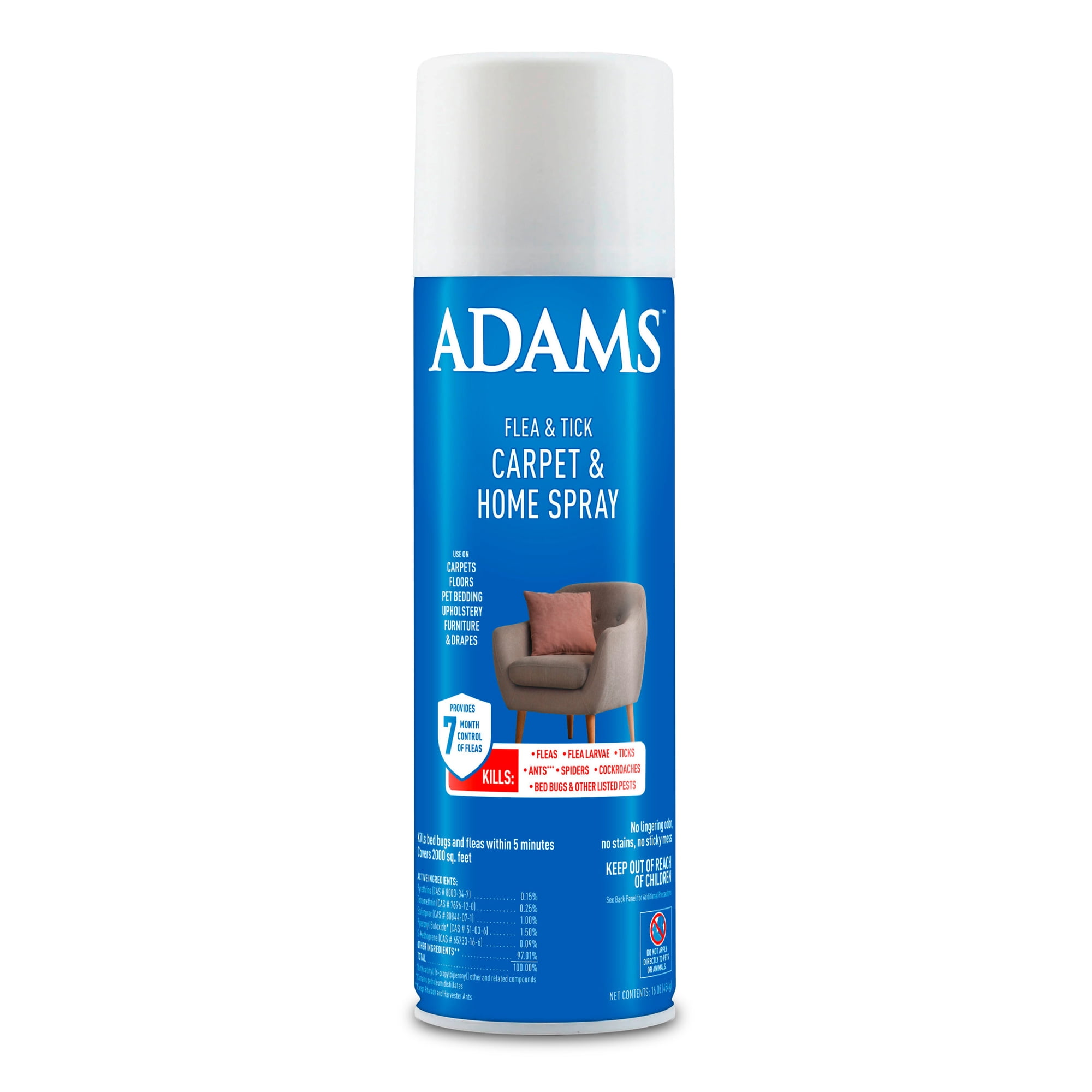 ADAMS Flea & Tick Carpet & Home Spray, Kills Bed Bugs, Fleas, Ticks, Spiders, Ants, For Indoor Home Treatment, 7 Month Flea Protection, Treats Up to 2,000 Sq Ft, 16 oz
