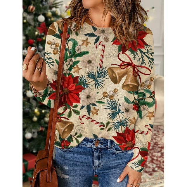 2024 nuevo Otoño e Invierno moda y lindo Navidad todo estampado cuello redondo piel de visón suéter impreso