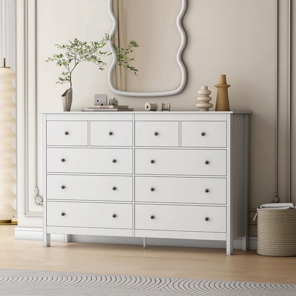 Akaber 10 Drawer Dresser, 55" Modern White Dressers, Chest of Drawers, Wooden Wide Dresser for Bedroom, Living Room, White