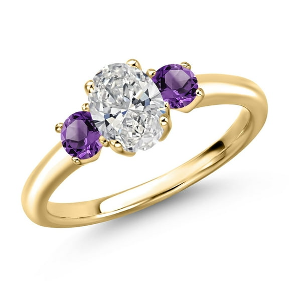 Gem Stone King 10K Yellow Gold DEF Lab Grown Diamond and Purple Amethyst Engagement Ring for Women | 1.02 Cttw | Oval 7X5MM | Gemstone April Birthstone | Size 8