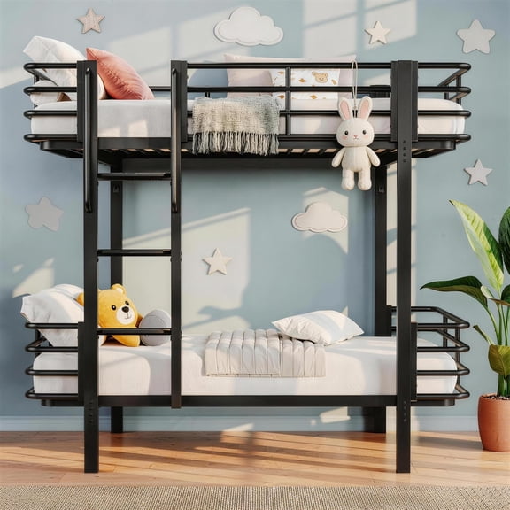 Curved Metal Twin Over Twin Bunk Bed Frame, Heavy Duty Bunk Bed with Safety Guardrail, Sturdy Ladder with Wide Steps, Space Saving Bedroom Furniture,Black