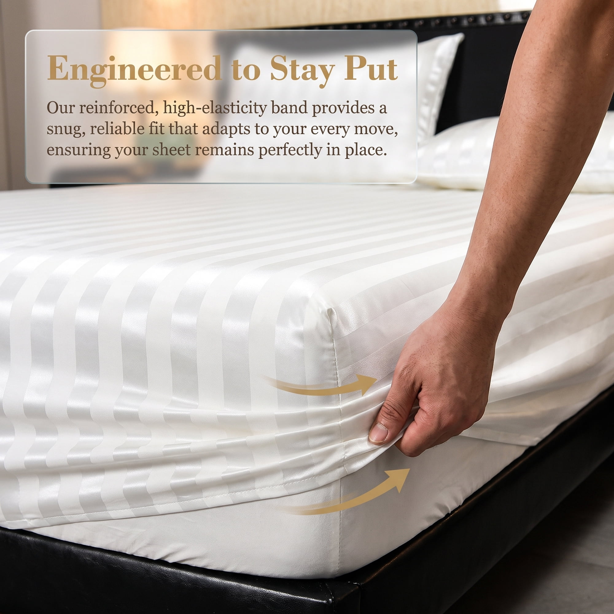 Unique Bargains Fitted Polyester Satin Strip Bed Sheets Wear Resistant 78.0"x79.9" White