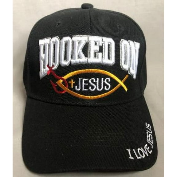 Hooked On Jesus Chritian Embroidered Baseball Caps - Black Color Uni-Sex Style -- FREE USA Shipping--(CCap409b)