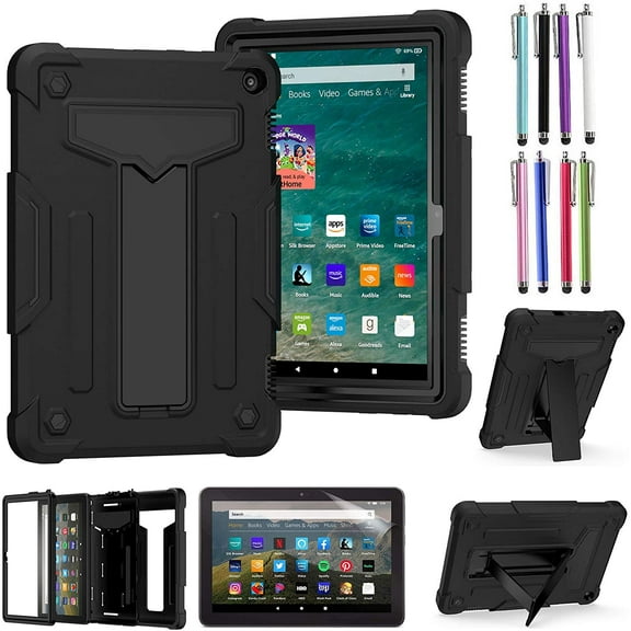 EpicGadget Hybrid Case for Amazon Fire HD 8 / Fire HD 8 Plus (10th Generation, 2020 Released) - Shockproof Heavy Duty Hybrid Case Cover with Kickstand 1 Screen Protector and 1 Stylus (Black/Black)