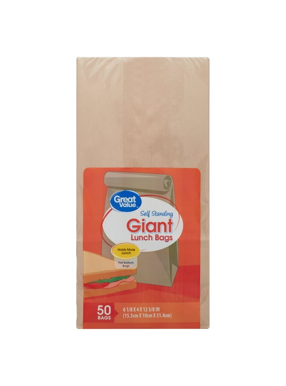 Great Value Kraft/Brown Self Standing, Multi-Functional, Fold Top Closure Giant Lunch Bags, 50 Count
