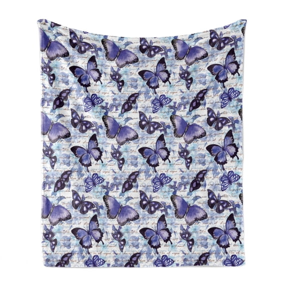 Retro Soft Flannel Fleece Blanket, Old Fashioned Butterfly Moth Forms Romance Flowers Essence Beauty Picture, Cozy Plush for Indoor and Outdoor Use, 50" x 60", Violet Black Baby Blue, by Ambesonne
