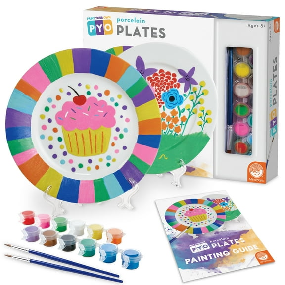 MindWare Paint Your Own Porcelain Plates, Kit Includes 2 Porcelain Plates, 12 Paints, 2 Paint Brushes, and 2 Stands