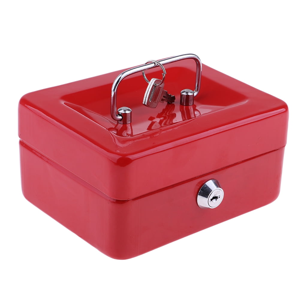 Red 10" Petty Cash Box Key Lock Strong Metal Money Box Security Safe With 2 Keys 