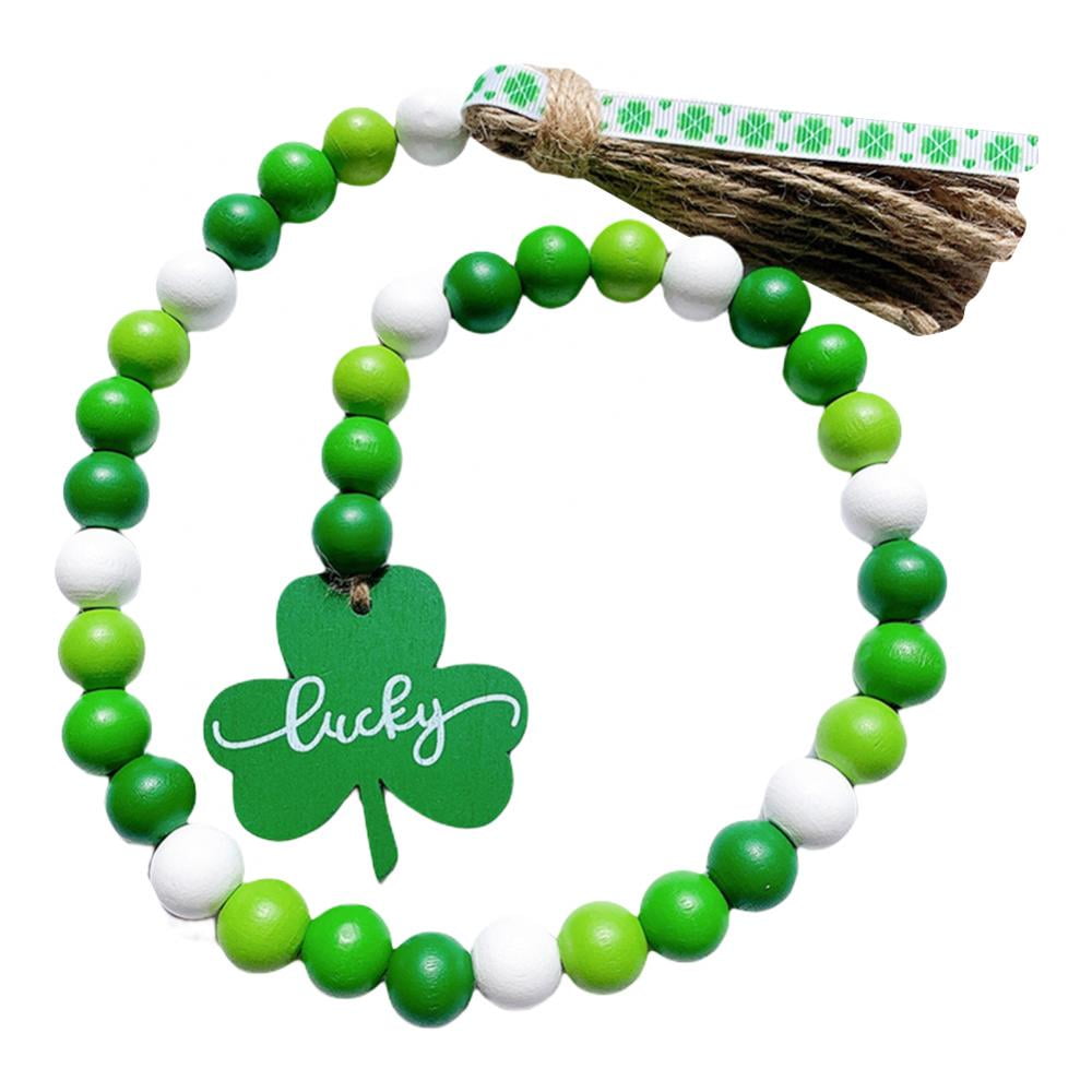 27.6 Inch Wood Bead Garland with Jute Rope Tassel Green Shamrock ...