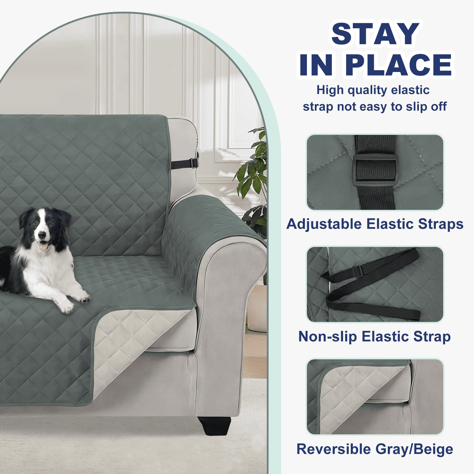 GPED Reversible Sofa Cover, Water Resistant Couch Cover with Elastic Straps, Triple-Layer Durability Couch Covers For Dogs, Kids, Machine Washable & Dry Clean Furniture Protector for Pets, Sofa