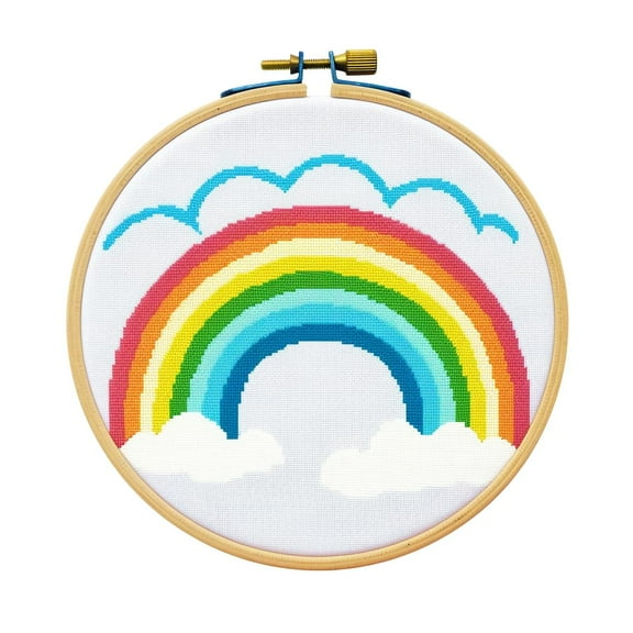 Cartoon Simple Figure of Rainbow 11CT Stamped Cross Stitch Kits Easy for Beginners Child with Hoop Needlepoint Counted Embroidery Kits Art Craft Wall Decor 12x12IN(12)