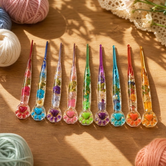 Resin Crochet Hook Set, Floral Inlaid Ergonomic , Polished Metal Tips, for Knitting and Crocheting, Ideal for Art Crafters