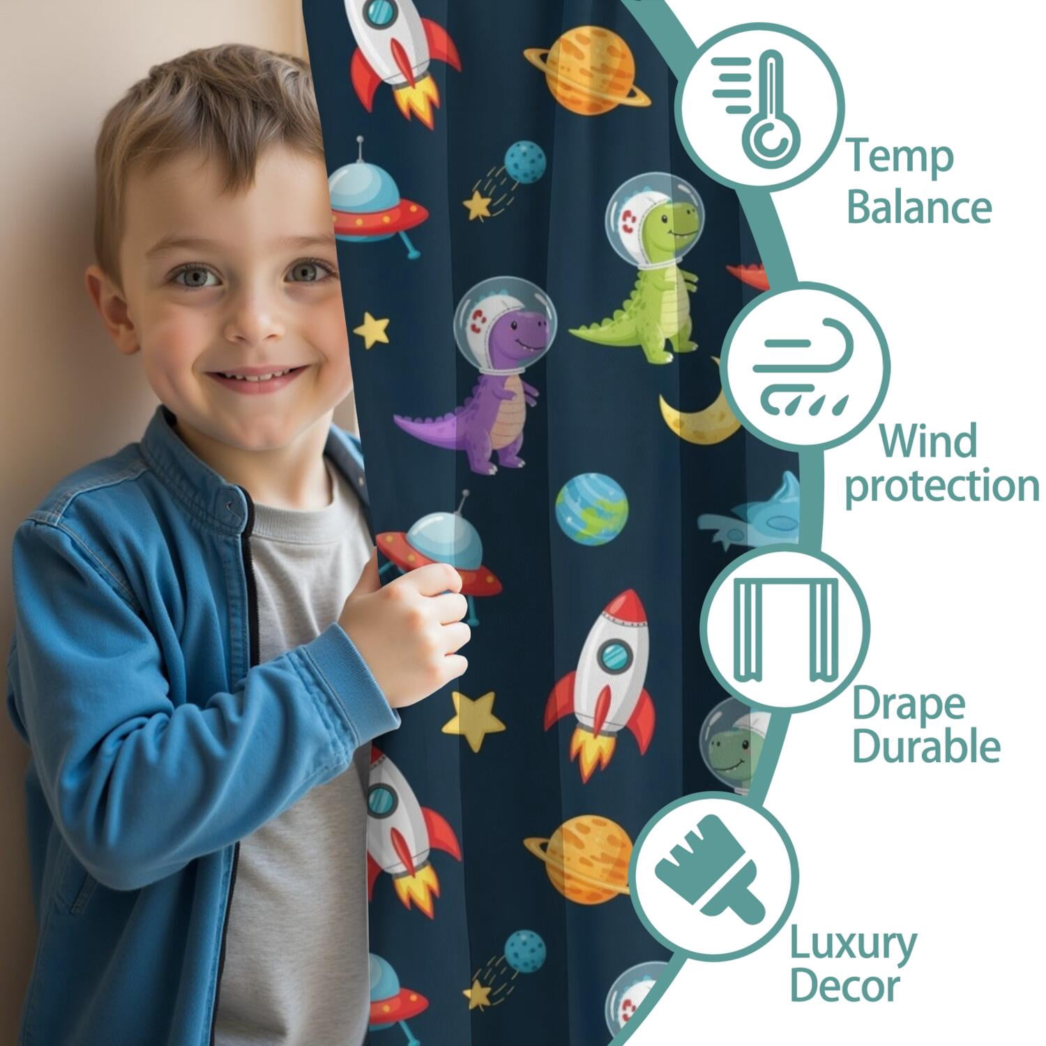 Blackout Kids Curtains,Space Dinosaurs Rockets Planets Childrens Insulated Curtains Set Of 2,Bedroom Essentials,Toddler Room Decor 42"x63"