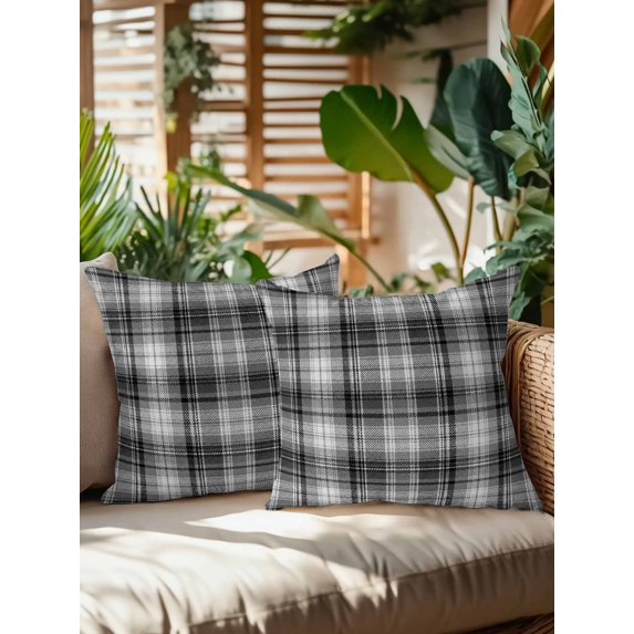 Outdoor Pillows Waterproof, Gray Black Buffalo Plaid Bedding Throw Pillows with Insert for Couch Sofa Bed, White Farmhouse Modern Striped 18x18 Inch Pillowcases Decorative Patio Pillow Set of 2