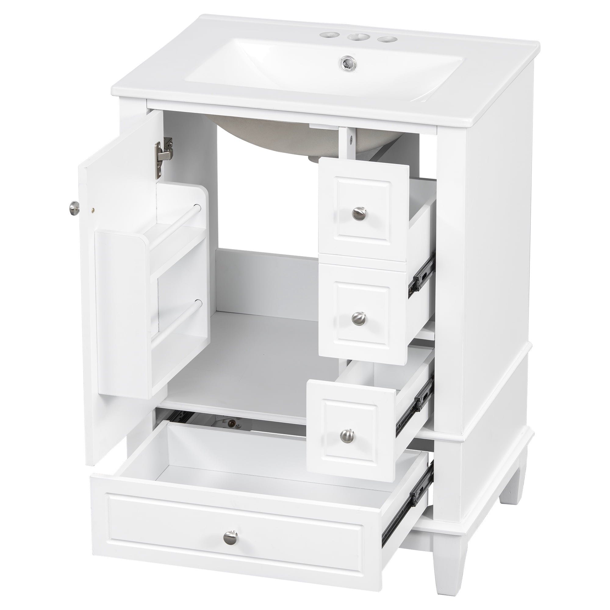 Aukfa 24" Bathroom Vanity with Ceramic Sink, Freestanding Solid Wood Base Cabinet,3 Drawers & Side StorageWhite