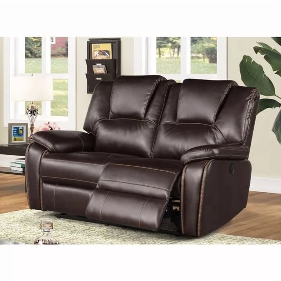 Living Room Power Reclining Loveseat with USB Ports, Leather Upholstered 2 Seater Sofa Couch, Brown