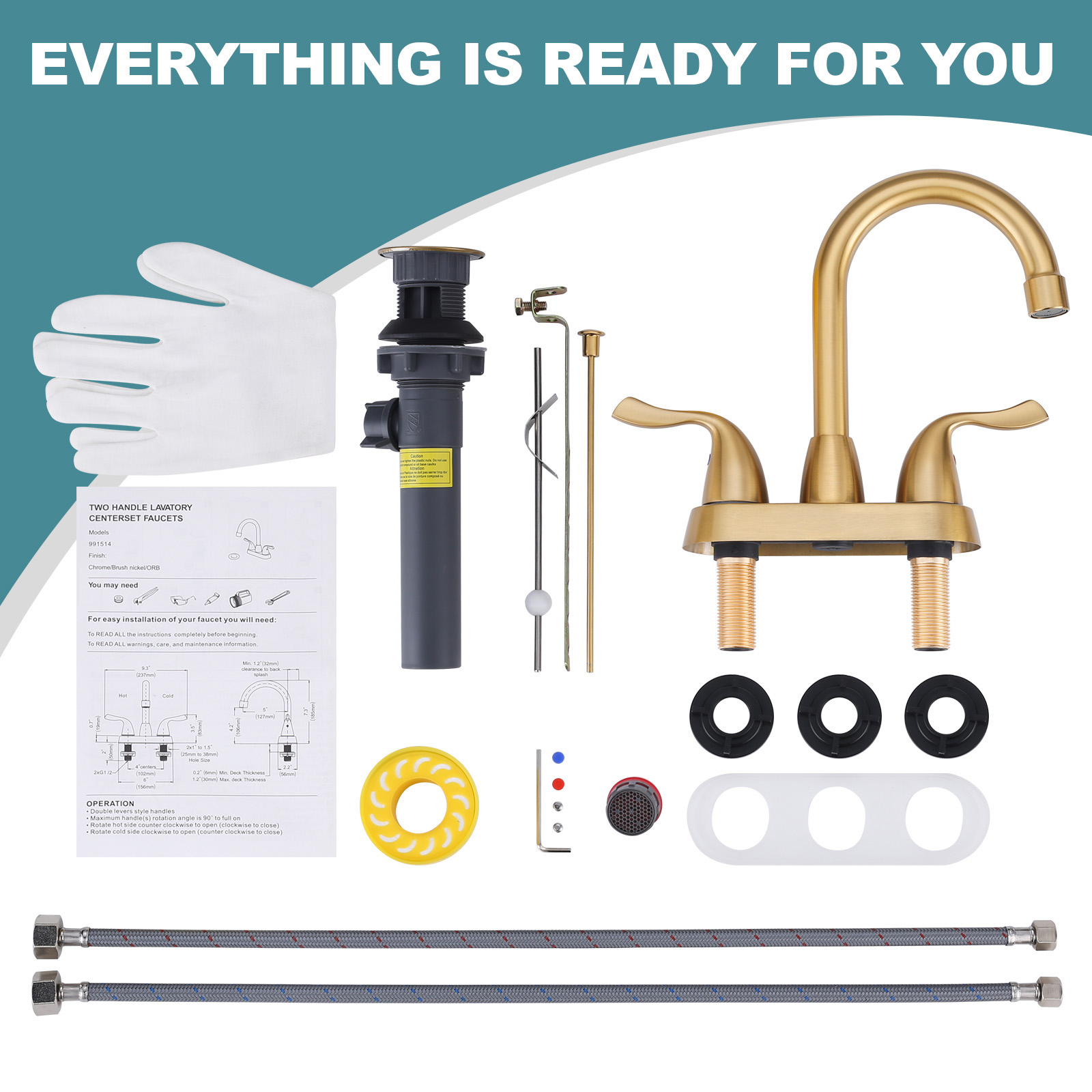 Brushed Gold Bathroom Faucet, WOWOW 4 inch Centerset Bathroom Faucet with Drain Assembly and Supply Lines, Gold Faucet for Bathroom Sink