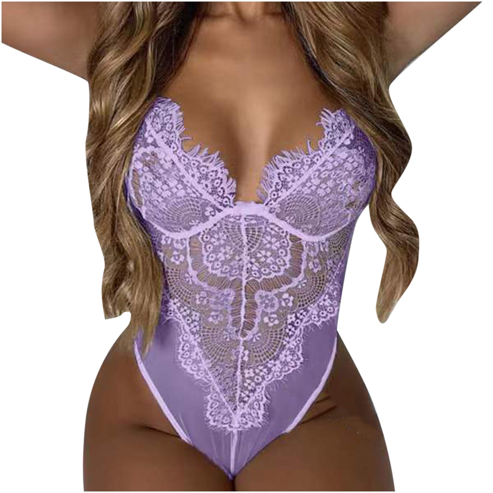 OAVQHLG3B Women's Sexy Lingerie Teddy Lace See-Through Embroidery Eyelash  Edge Sexy Solid Color Bodysuit Naughty One Piece