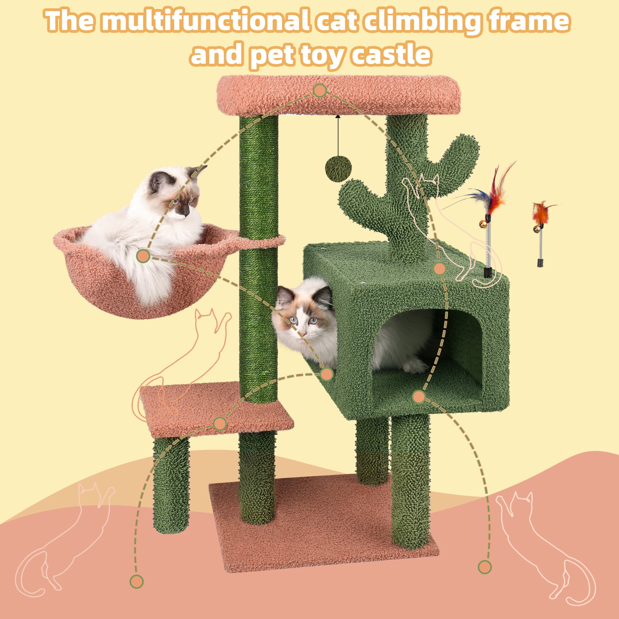 AIWIKIDE 35.4" Desert Cactus Cat Tree With Scratching Toy, Hanging Ball, Cat Tower Furniture Sisal-Covered Scratching Posts,Green