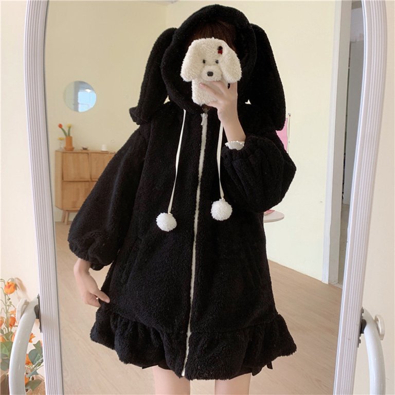 ジャケット・アウター Rabbit ear fur blouson Techinal Women Winter Long Sleeve Fuzzy Hooded Jacket