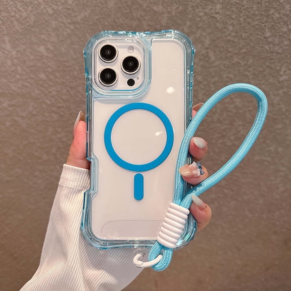 Magnetic Case for iPhone 16 Plus, Clear Magnetic 3-in-1 Design Frame Hybrid Shockproof Protective Case Cover with Detachable Anti-Lost Wrist Hand Strap, Compatible with Mag-Safe, Blue