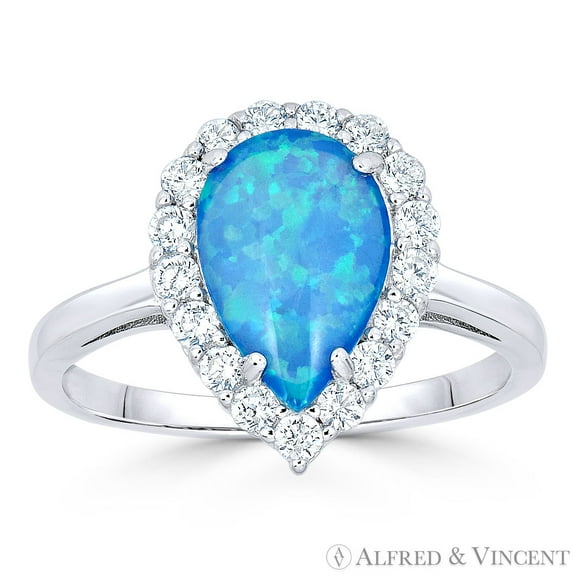 Pear-Shape Synthetic Opal & Round CZ Crystal Right-Hand Halo Ring in .925 Sterling Silver w/ Rhodium