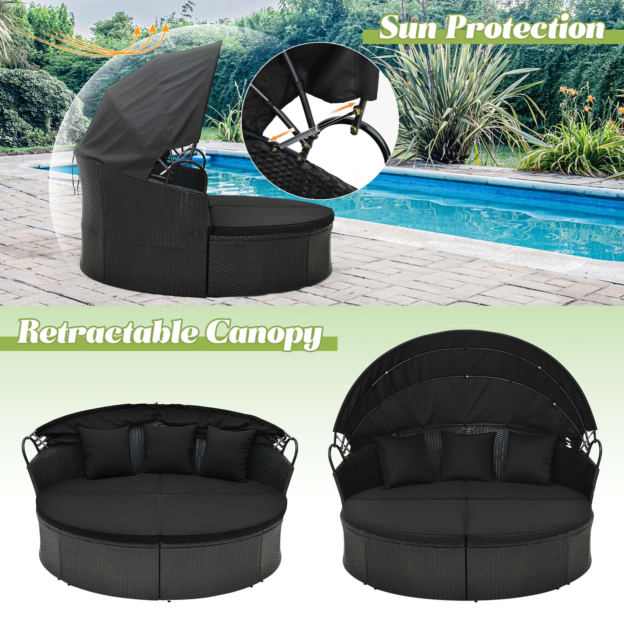 Costway outdoor patio sofa furniture round retractable canopy daybed black wicker rattan sale