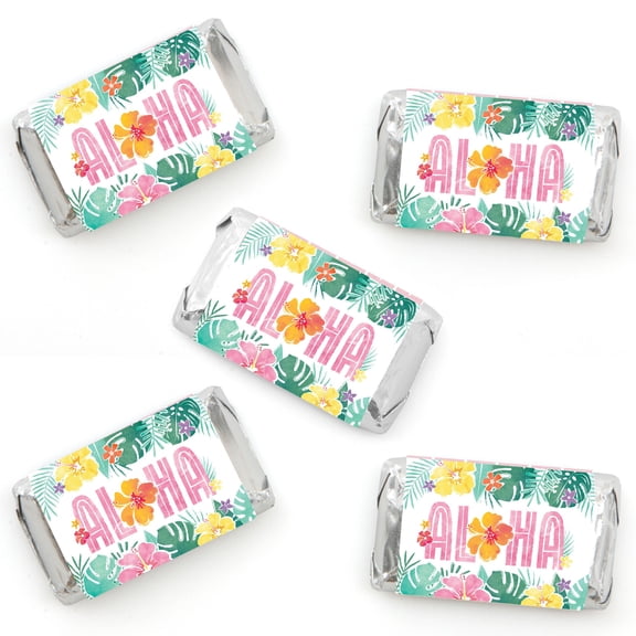 Big Dot of Happiness Hawaiian Luau Party Mini Candy Bar Wrapper Stickers, Small Tropical Birthday Party Favors, Aloha Sticker Labels - 40 Count