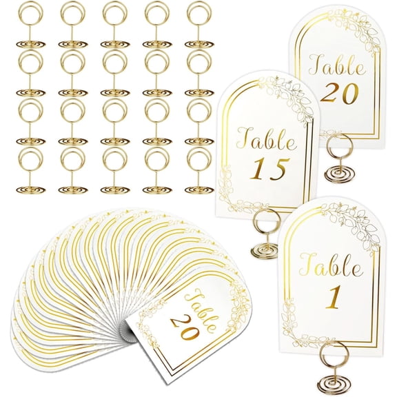 MORAVE Wedding Table Numbers 1-20, 20 White Gold Cards with 20 Gold Holders for Wedding