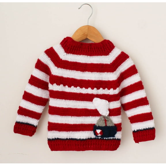 Woonie Handmade Full Sleeves Ship Detailing Striped Sweater-Red & White