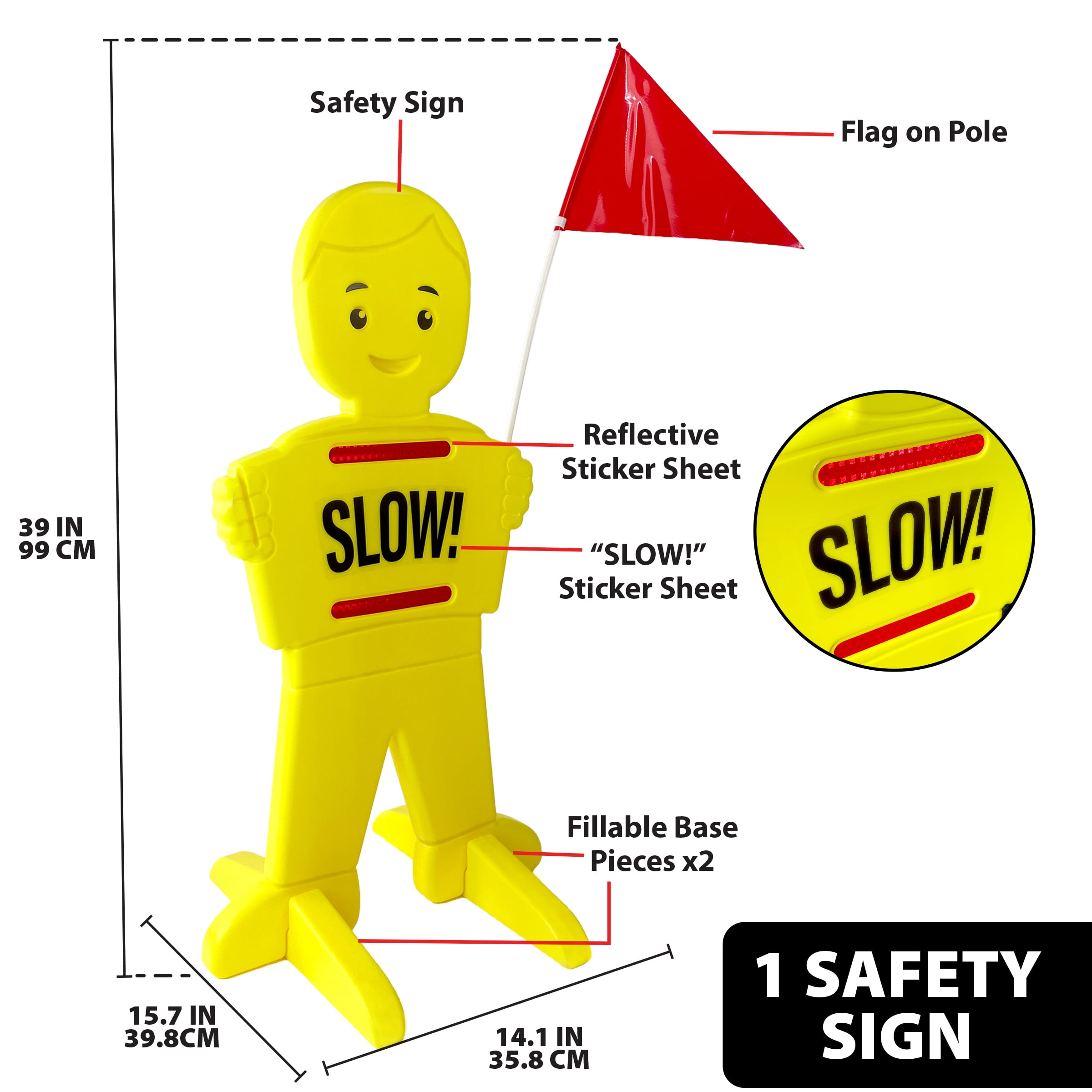 Loud & Clear - Slow Down Kids at Play Safety Sign for Street - Dan The Safety Man 39-Inch Tall Reflective Sign with Flag